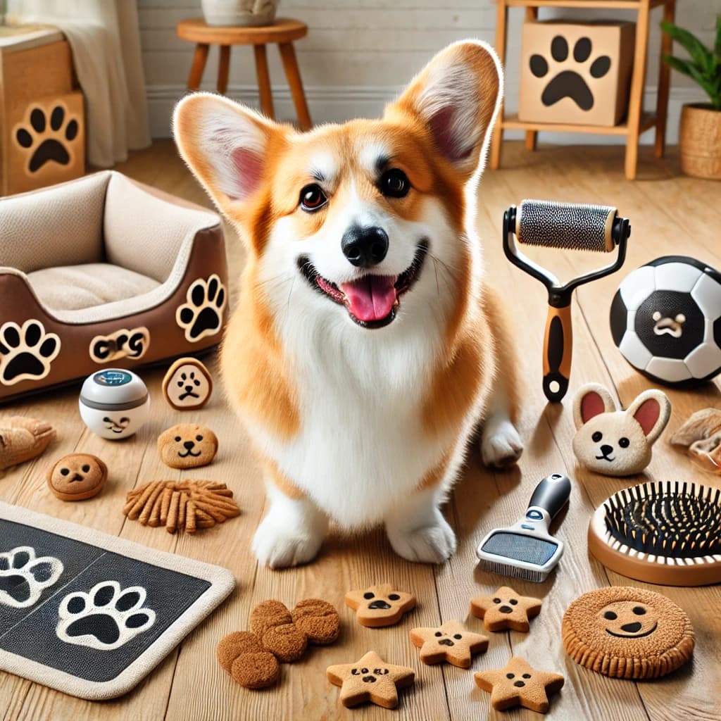 Happy corgi with products