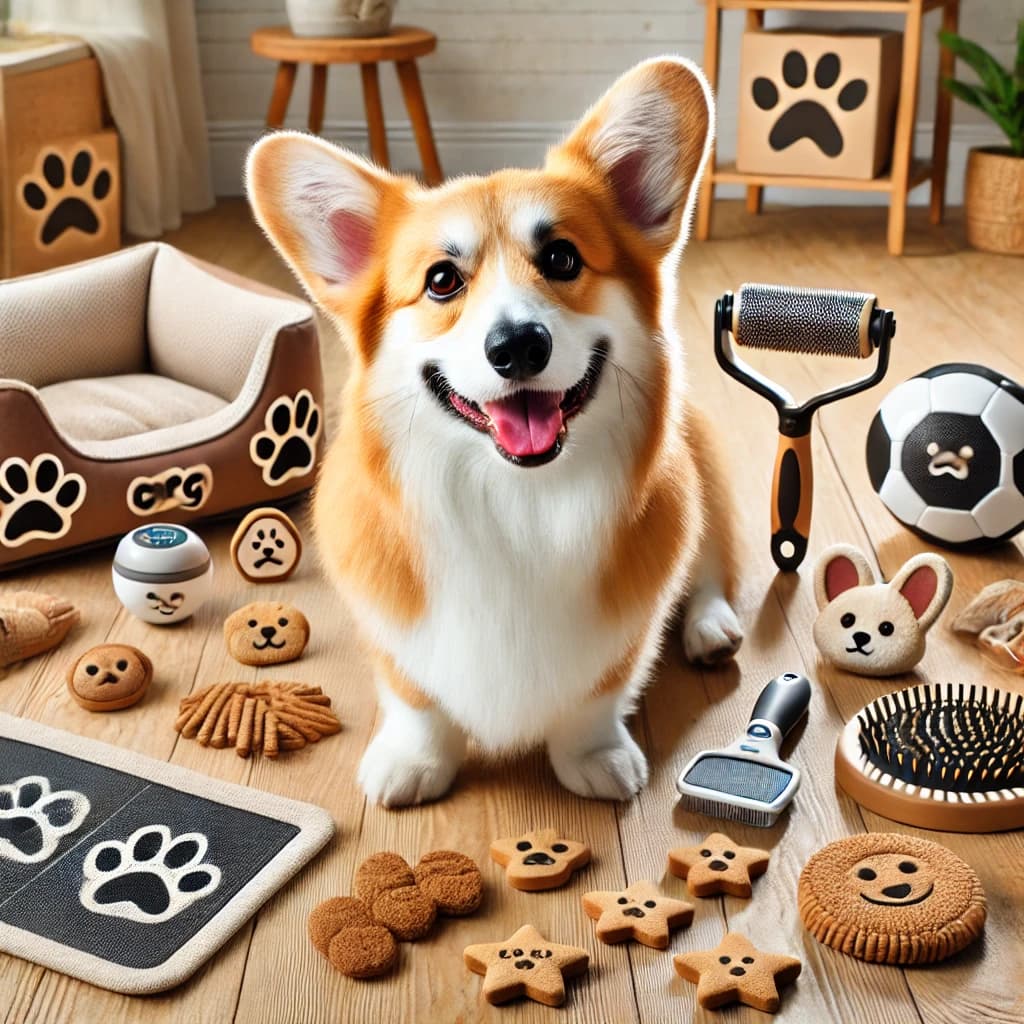 A delighted corgi sitting among a bed, brushes, treats, and toys