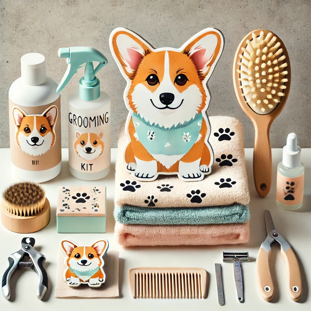 A corgi surrounded by grooming tools