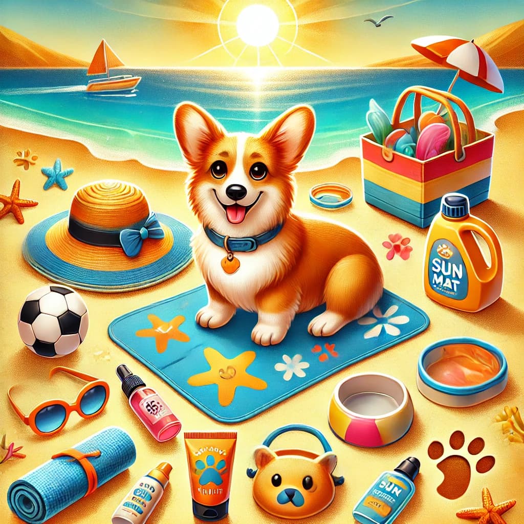 An illustrated corgi on a beach mat surrounded by summer supplies