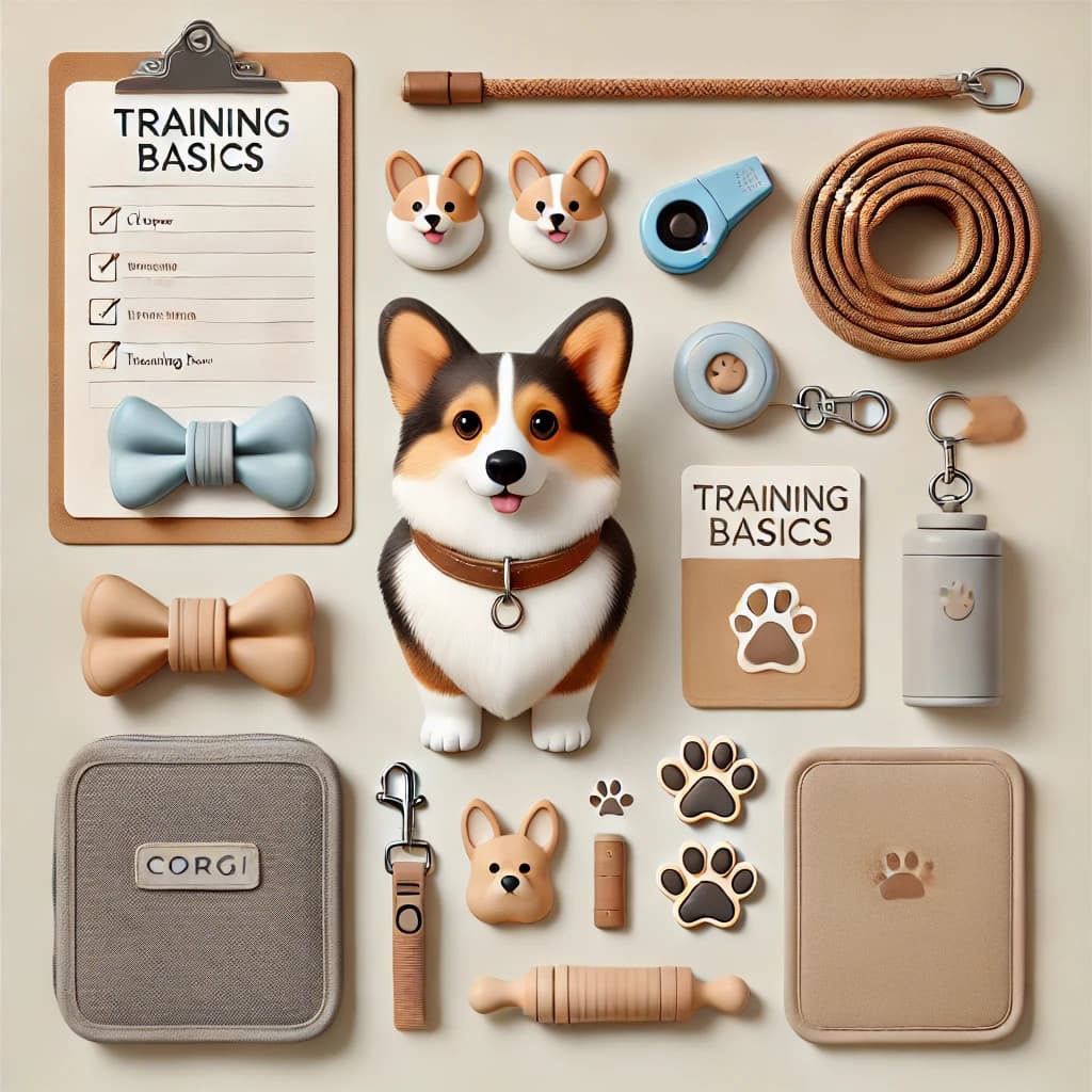 A tricolor corgi with a clipboard of training basics and assorted training gear
