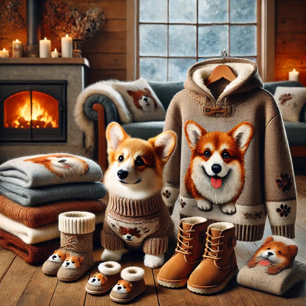 A corgi in a knit sweater by a fireplace with winter clothing
